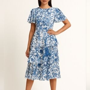 Shein Blue & White Butterfly Sleeve Tiered Midi Dress